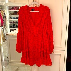 Scoop pink and red bright long sleeve dress in a XL ruffle hem sheer lined